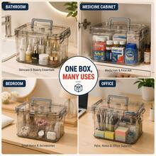 1PC Capacity Clear Storage Box With Sturdy Handle, Secure Lid Organizer For Medicine, Cosmetics, Snacks, Stationery And Household Essentials - Gray - 查看 4