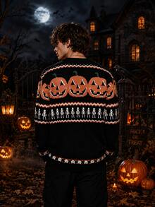 Men's Halloween Classic Color Block Pumpkin & Skull Pattern Long Sleeve Crew Neck Pullover Sweater - Multicolor - View 4