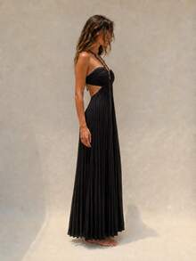 Women's Light Blue Pleated Spaghetti Strap Dress, Ruched Bust Backless Flowy Summer Dress Elegant - Black - View 4