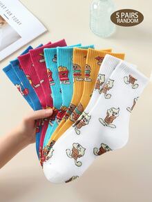 5 pares de calcetines para mujer en blanco, amarillo, rosa y azul, con divertidos y lindos patrones de dibujos animados de hamburguesa, papas fritas, pizza y helado, calcetines de media caña, de tela de punto transpirable, suave y cómoda, adecuados para uso diario, estilo de calle versátil y de moda, para todas las estaciones, interiores y exteriores - Multicolor - Ver 3