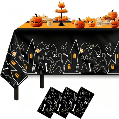 1pc Halloween Plastic Tablecloth, 108*54 Inch Rectangular Table Cover, Black & Orange Haunted House Bat Spider Bone Print Design, Splash-Proof Tablecloth, Suitable For Halloween Party, Dinner, Buffet, Gathering And Holiday Table Decor