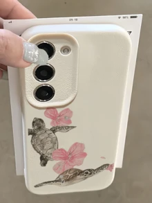 1pc White Pink Hibiscus Double Turtle Minimalist Fashion Personalized TPU Shockproof Full Coverage Phone Case Compatible With Samsung Series - Multicolor - View 1