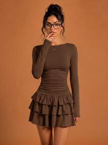 Never me Women's Sports Dress With Square Neck, Long Sleeves, Ruched Waist, Double Layer Ruffle Skirt, Yoga Tennis Dress - Coffee Brown - View 6