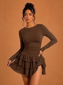 Never me Women's Sports Dress With Square Neck, Long Sleeves, Ruched Waist, Double Layer Ruffle Skirt, Yoga Tennis Dress - Coffee Brown - View 10