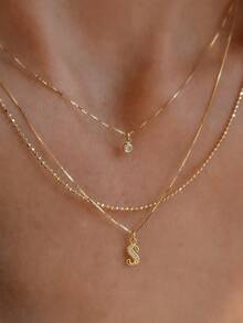 3pcs Set Exquisite Gold Tone Layered Letter Necklace Set, Personalized Letter & Rhinestone Pendant, Beaded Chain, Layerable Y2K Style Jewelry Gift, Suitable For Women And Girls - Yellow Gold - View 1