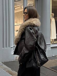 Women's Autumn New Retro Casual PU Leather Big Collar Motorcycle Jacket With Detachable Wool Collar - Brown - View 7