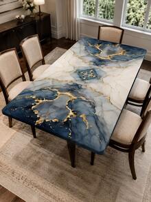 1pc Blue & Gold Marble Pattern Square Elastic Tablecloth, Modern Luxury Full Coverage Dining Table Protector, Suitable For Kitchen, Dining Room, Party, Home Tabletop Dust-Proof Decoration, Art Home Decor - Multicolor - View 14
