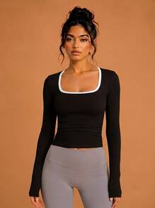 Women's Sports T-Shirt Solid Black With White Trim Square Neck Long Sleeve Elastic Slim Fit Flattering Daily Workout Top - Black - View 5