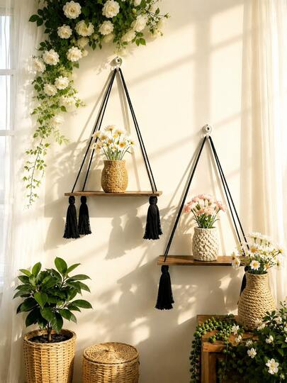 1pc Bohemian Style Woven Wooden Room Decor Storage Shelf, Bedroom Wall Shelf, Home Decor Storage Rack, Bathroom Storage Rack, Bedside Bookshelf, Key Holder, Wall Decor Shelf, Plant Stand, Suitable For Living Room And Corner