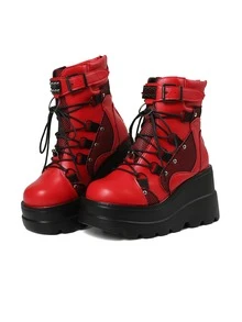 Gothic Women's Boots Punk Rivet Lace Wedge Heel Shoes Motorcycle Fight Style Comfortable Short Boots Christmas Shoes - 紅色 - 查看 5