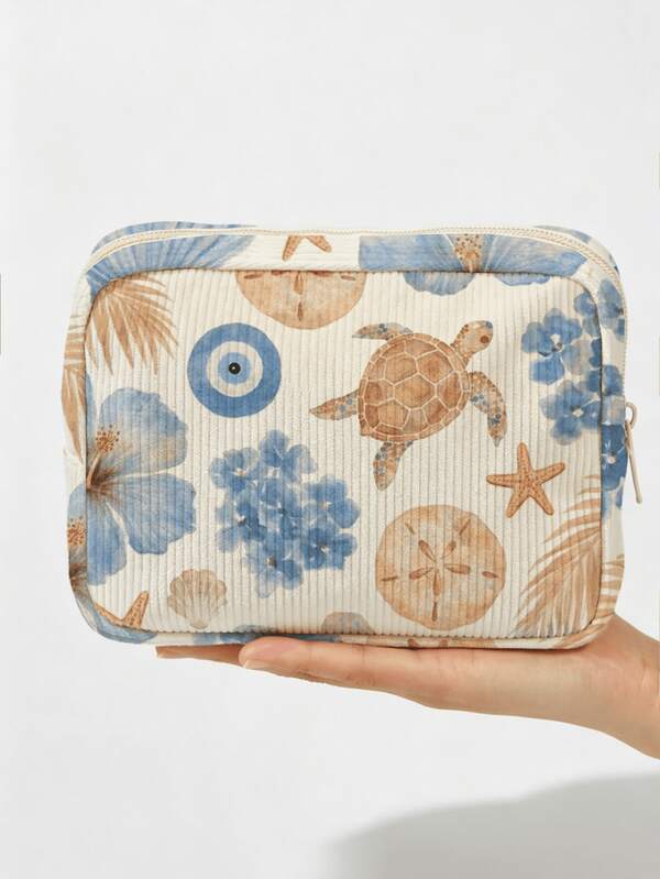 New Hibiscus Sea Turtle Shell Pattern Printed Makeup Bag / Hawaiian Flower Sea Star Hydrangea Pattern, Zippered Travel Organizer Bag, Lightweight Fade-Resistant Cosmetic Toiletry Bag, Corduroy Material, Suitable For Women And Men, Suitable For Mothers, Teachers, Friends, Nurses, School Vacation Holiday Back To School Supplies Toiletry Bag