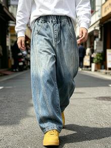 Tween Boys' Autumn Loose Fit Straight Leg Cargo Denim Jeans With Large Pockets, Suitable For Back To School, Daily Wear, Home And Outdoor Casual - Baby Blue - View 8