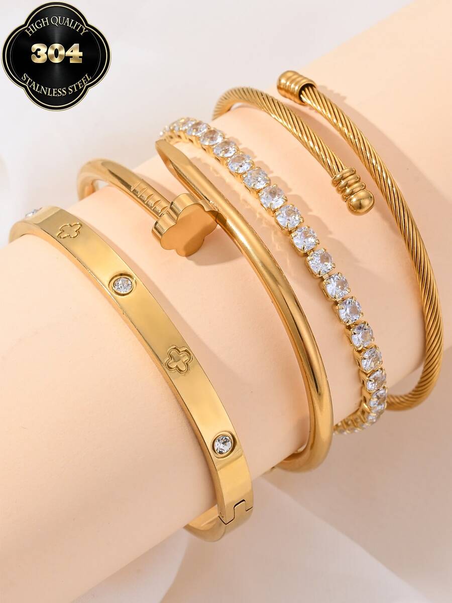 1/4pcs Stainless Steel 18K Gold Plated Clover Crystal Bracelet Set, Clover Zirconia Open Cuff Bracelet Combination, Suitable For Women's Daily Wear, Holiday Gift, Fashion Bracelet Set - Gold - View 1