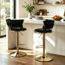 Bar Stools Set Of 2, 360° Swivel Velvet Counter Height Bar Chairs With Woven Backrest, Plush Upholstered Seats & Gold Metal Legs Furniture For Kitchen Island Dining Room Home Bar, Black - Black Set Of 2 - View 3
