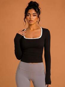 Women's Sports T-Shirt Solid Black With White Trim Square Neck Long Sleeve Elastic Slim Fit Flattering Daily Workout Top - Black - View 10