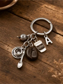 1pc Exquisite Letter Coffee Theme Keychain, Vintage Metal Coffee Bean Teapot Cup Spoon Pendant Key Ring, Casual Creative Commemorative Gift, French Versatile Accessory - Multicolor - View 5