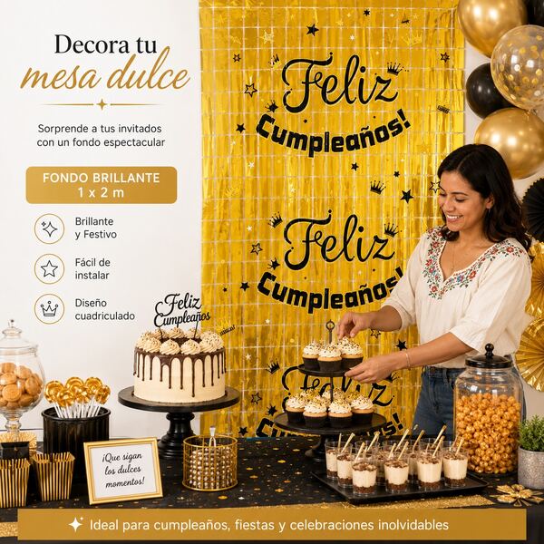 Pack de 10 Cortinas de Lluvia Metalizadas 1x2 m, Diseño Cuadrícula con Impresión Feliz Cumpleaños, Fondo Brillante para Fiesta, Cumpleaños, Fotos, Mesa de Postres y Decoración de Pared, Colores Disponibles