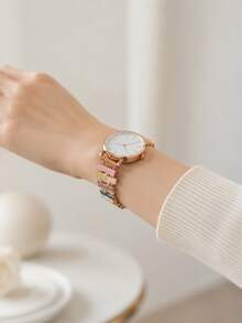 Women's Elegant Gemstone Color Block Elastic Band Quartz Watch, Rose Gold Minimalist White Dial Fashion Women's Wristwatch, Daily Casual Versatile Women's Watch, Birthday, Christmas, Mother's Day Gift - Gold - View 9