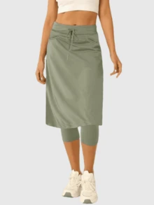 Saodimallsu Women's Polyester Long Skirt Overlay With Cropped Regular Leggings, Slight Stretch Casual Bottoms - 橄欖綠 - 查看 5