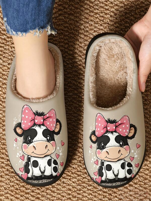1 Pair Unisex Casual Fabric Slippers, Cartoon Animal Print, Home Indoor Winter Anti-Slip, Heart Bow & Calf Design