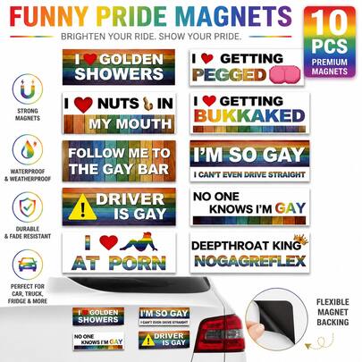 10pcs Funny Rainbow Pride Car Magnets, Reusable Magnetic Bumper Stickers Set, Colorful LGBTQ+ Car Decals For Cars, Trucks, SUVs, Fridge, Locker & Party Decor, Pride Month Gift