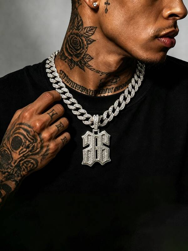 American Hip Hop Full Rhinestone Reverse Number 6 Letter Pendant Cuban Chain Gold & Silver Dual Color Optional Heavy Rhinestone Inlaid Thick Chain Men's Rap Streetwear Accessory Personalized Exaggerated Collarbone Chain Versatile Necklace