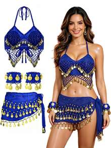 Boho Festival Rave Coin Sequin Bralette With Fringe Hip Sash And Wrist Bands For Burning Man, Beach Party And Outdoor Event - Multicolor - View 20