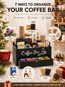 Manovix Organizer Bar Kopi Kayu Hitam Gaya Rumah Pertanian – Penyimpanan Multifungsi untuk Sudut Kopi & Kotak Teh. Tersedia dalam 1 atau 2 Tingkat. Desain Pegangan yang Ramping, Organizer Stasiun Kopi yang Sempurna untuk Meja Dapur & Dekorasi Kantor. - Kayu - View 1