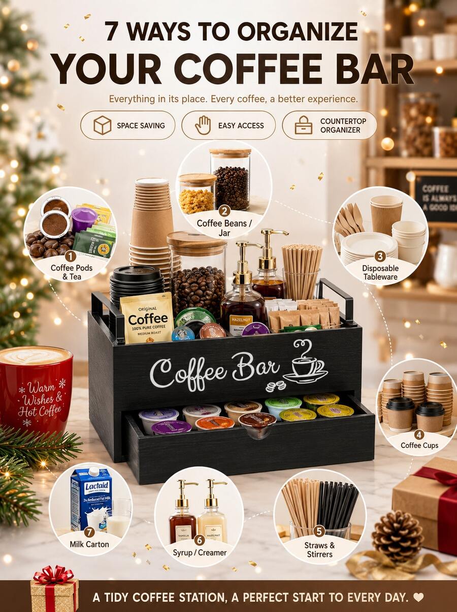 Manovix Organizer Bar Kopi Kayu Hitam Gaya Rumah Pertanian – Penyimpanan Multifungsi untuk Sudut Kopi & Kotak Teh. Tersedia dalam 1 atau 2 Tingkat. Desain Pegangan yang Ramping, Organizer Stasiun Kopi yang Sempurna untuk Meja Dapur & Dekorasi Kantor. - Kayu - View 1