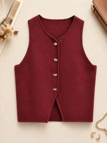 Top corto de punto color liso casual para mujer - Burdeos - Ver 1