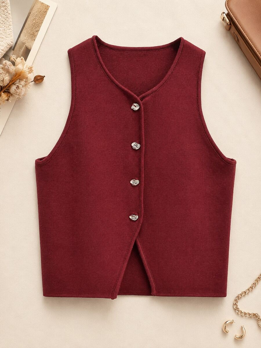 Top corto de punto color liso casual para mujer - Burdeos - Ver 1