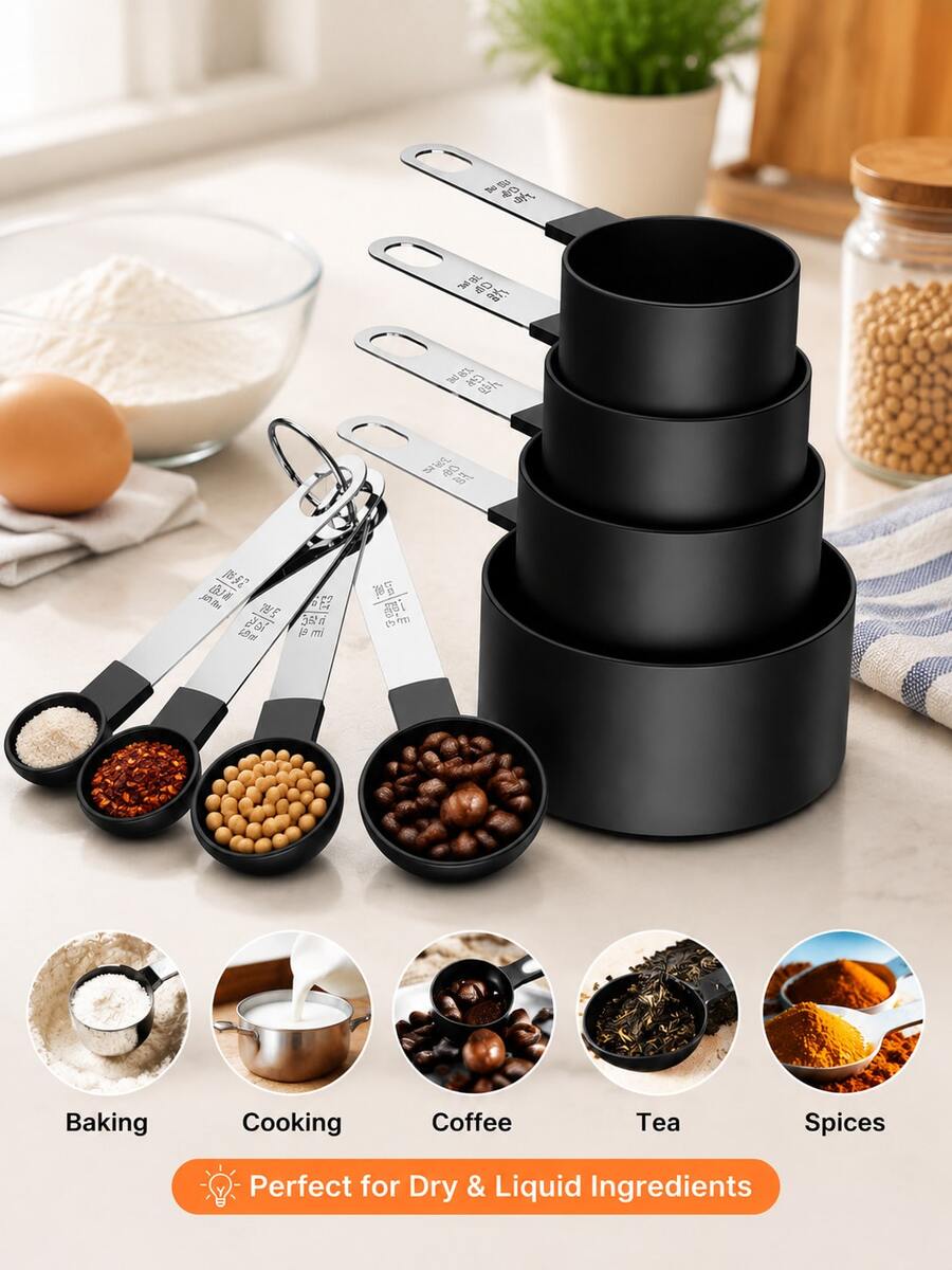 8pcs Stainless Steel Measuring Cups And Spoons Set With Handles, Includes Coffee Spoon, Flour Spoon, Measuring Spoon, Suitable For Dry And Wet Ingredients, Dishwasher For Cooking, Essential Kitchen Tool For Baking
