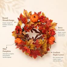 Autumn Harvest Pumpkin Wreath, 15 Inch Artificial Maple Leaf Wreath With Orange Pumpkins And Berries, Suitable For Front Door, Wall And Fireplace Decoration - Pumpkin Berries - View 9