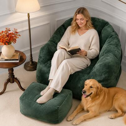Bean Bag Chair With Ottoman For Adults, Oversized Flannelette Shell Chair, , Floral Shaped Bean Bag Sofa, Ultra Soft Faux Fur Floor Sofa,High Density Memory Foam Chairs For Adults, Washable Cover Comfy Sofa For Living Room Bedroom
