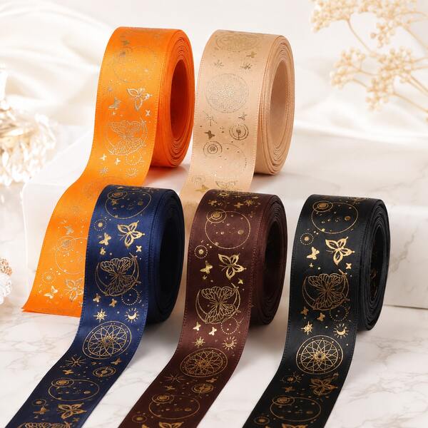 5 Yards Premium Sky Gold Foil Stamped Satin Ribbon, Moon Star Butterfly Dreamcatcher Print Woven Tape, Suitable For Halloween Gift Wrapping, Magic Handmade Hair Accessories And DIY Crafts (2.5cm Wide)
