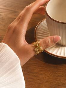 1/5pcs Gold Bowknot Flower Open Ring Set, Oversized Hollow Wide Cuff Stackable Rings - D064-1pc - View 2