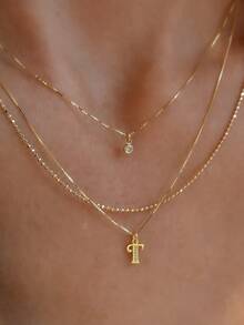 3pcs Set Exquisite Gold Tone Layered Letter Necklace Set, Personalized Letter & Rhinestone Pendant, Beaded Chain, Layerable Y2K Style Jewelry Gift, Suitable For Women And Girls - Yellow Gold - View 4