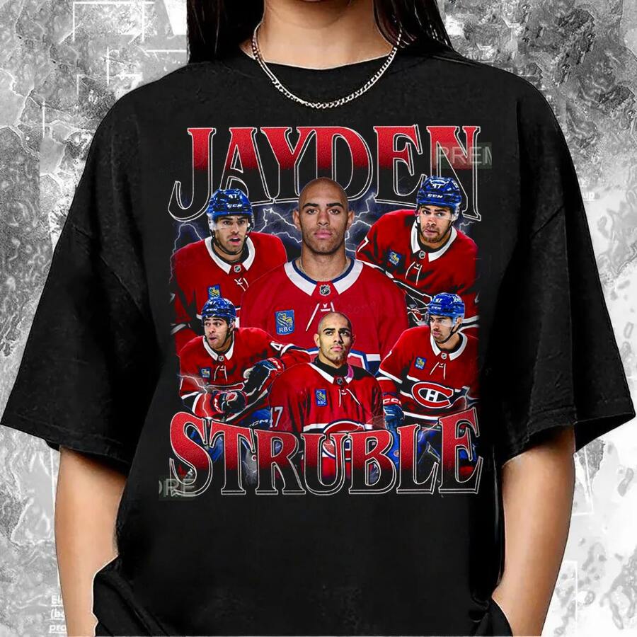 Women Retro Y2K Jayden Struble Montreal Canadiens Red White Home Jersey Multi Shot Vintage Collage Printed Short Sleeve Black Cotton T-Shirt Summer Fa - Black - View 1