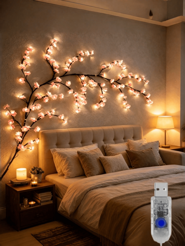 1pc Cherry Blossom Branch Shaped LED Wall Light, USB Powered, 8 Lighting Modes, Flexible Willow Branch Design, Floral Wall Decor, Suitable For Bedroom, Home, Wedding Decoration And Holiday Party Decoration.
