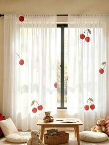 2pcs Red Cherry Pattern Sheer Curtains. The Vibrant Red Cherries With Green Stems And Leaves Allow Good Light Penetration, Creating A Fresh Fruity Style Suitable For Living Room, Dining Room And Kitchen. - Multicolor - 2pcs - View 7