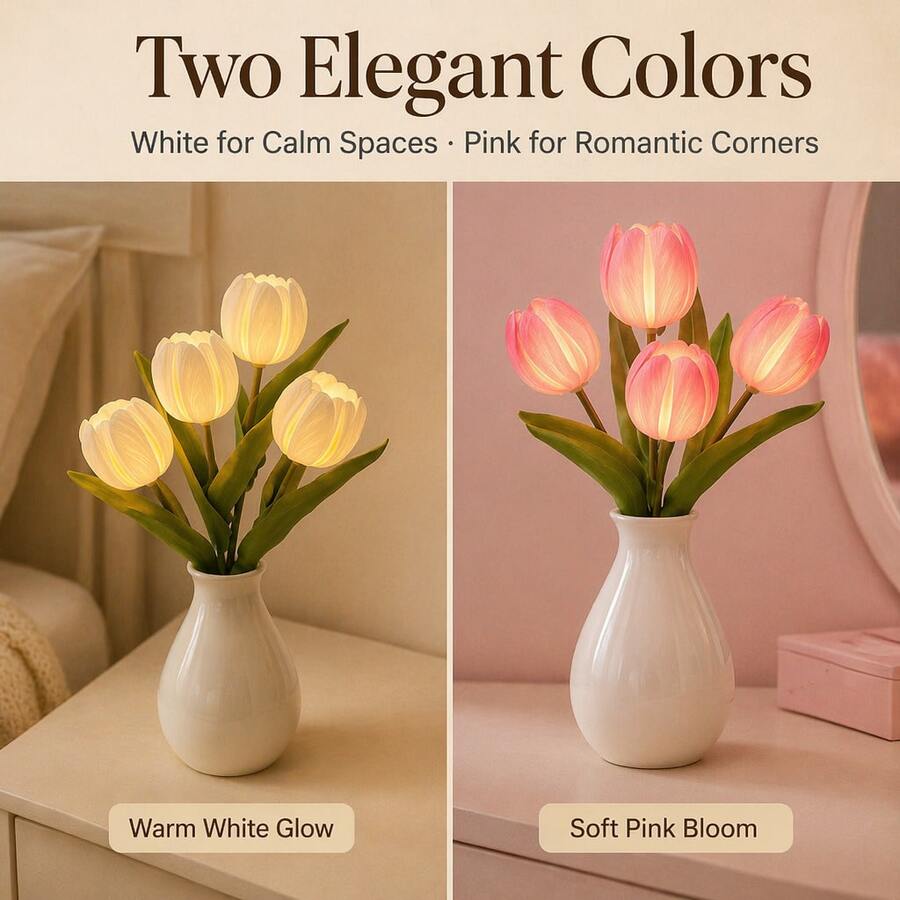 Potted Tulip LED Night Light, Artificial Flower Table Lamp With Ceramic Pot, USB Powered Desk Atmosphere Lamp For Bedroom Home Decor Romantic Gift - Multicolor - View 1