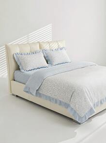 Veyra Day 3pcs Polyester Light Blue Floral Duvet Cover Set, Shabby Chic Ruffled Bedding Set With Gingham Plaid Edge, Cute Floral Comforter Cover With 2 Pillowcases (No Insert) - Sea salt milk blue lotus leaf edge - View 7