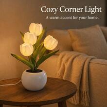 USB Operated Tulip Flower Potted Night Light, Cute Simulation Floral Desk Lamp, Warm White Ambient Lighting For Desktop Bedroom Decor Birthday Gift For Women Girls - Warm White - View 6