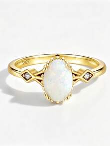 1.25-1.5ct Vintage Gold Plated Pear/Oval Opal Ring, S925 Sterling Silver Band Teardrop Fire Opal, Engagement Ring, Exquisite Jewelry Gift For Women - Style B-white - View 8