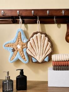 2pcs/1pc Starfish & Seashell Shaped Hanging Hand Towels, Soft Absorbent Quick-Dry Kitchen & Bathroom Towels With Ring Design, Ocean Beach Decor With Hanging Ring, Reusable Plush Hand Towels Suitable For Sink, Guest Bathroom, RV, Dorm And Housewarming Gift - Multicolor - View 6
