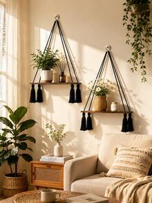 1pc Floating Wall Shelf Bohemian Style Woven Wooden Bedroom Wall Storage Rack Home Decor Room Decoration Storage Shelf Bathroom Storage Rack Bedside Bookshelf Key Holder Wall Decor Shelf Plant Stand Flower Rack Suitable For Living Room Balcony Entryway And Corner - Single Layer - View 10