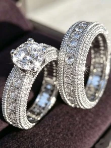 1 Pair European & American Style Double Layer Large Diamond Engagement Rings, Popular Proposal Jewelry Ring Set, Couple Rings, Suitable For Daily Wear And Wedding, Great Gift - Silver - View 9