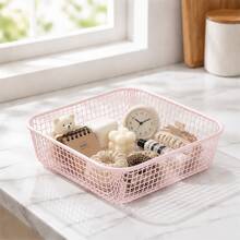 Macaron Color Square Metal Mesh Storage Basket, 20*20*5.5cm Desktop Organizer Storage Basket, Suitable For Home, Office, Bathroom And Kitchen Daily Storage, Multi-Purpose And Multi-Occasion Use, Also Suitable For Holiday Decoration. - Pink - View 9