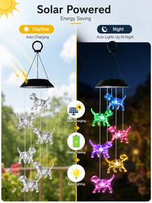 1件裝 6 LED 水晶狗太陽能風鈴，IP44 防水變色吊掛燈，黃昏至黎明自動開關太陽能裝飾吊燈，適用於花園、庭院、露台、門廊、樹木、草坪、派對及戶外居家裝飾 - 小狗狗 - 查看 6