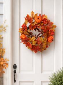 Autumn Harvest Pumpkin Wreath, 15 Inch Artificial Maple Leaf Wreath With Orange Pumpkins And Berries, Suitable For Front Door, Wall And Fireplace Decoration - Pumpkin Berries - View 7